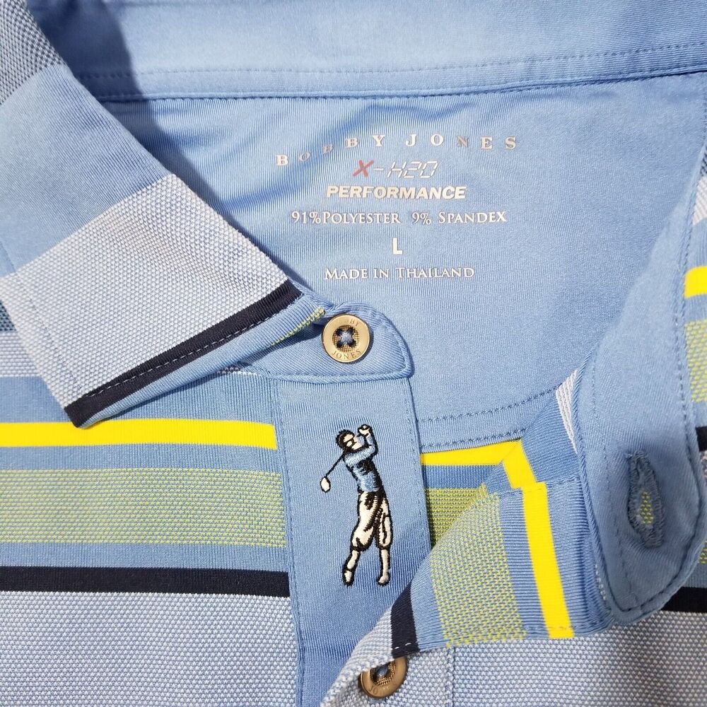 Bobby Jones Performance Polo Shirt Mens Large Blue Striped Golf Short Sleeve